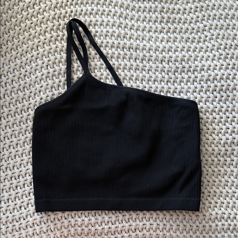 One Strap Black Ribbed Women's Top Sports Bra